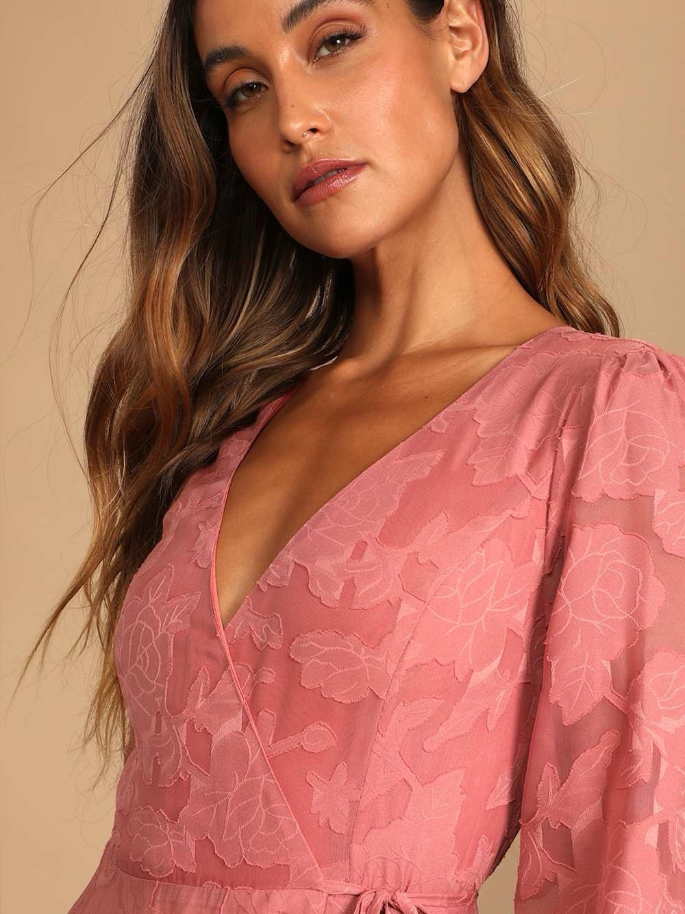 Lulus Kept Your Love Rose Pink Floral Jacquard Long Sleeve Maxi Dress Size XL - Picture 4 of 8